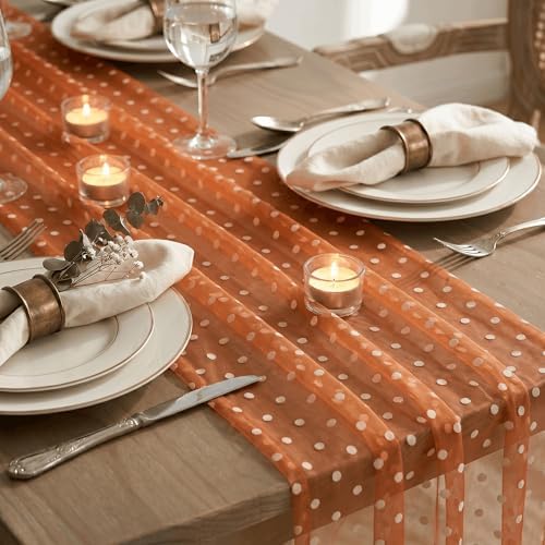 Artoid Mode Caramel Gauze Flocking Beige Dots Table Runner 10FT,Fall Sheer Dining Table Decor for Wedding Anniversary Holiday Birthday Home Party - Image 4