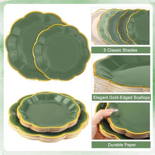Kochorie 100 Pcs Sage Green Scalloped Paper Plates and Napkins - Image 3