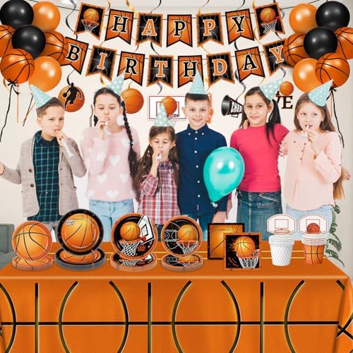 155 PCS Basketball Party Decorations - Basketball Party Supplies - Plates, Napkins, Cups, Basket Card, Banner, Hanging Swirls, Balloons, Tablecloth for Basketball Birthday Party Decorations, Serve 24 - Image 6