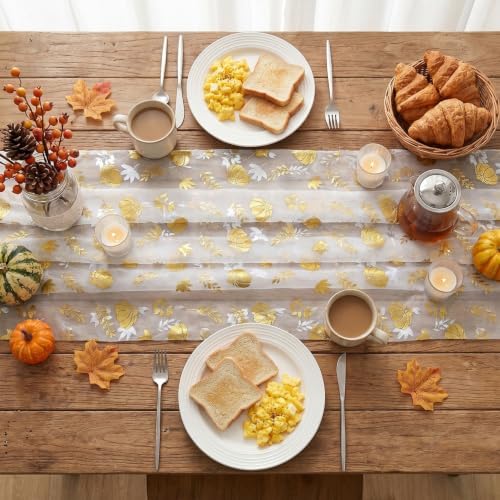 Artoid Mode Fall Gauze Table Runner 120 Inch, Metallic Foil Leaves - Image 4