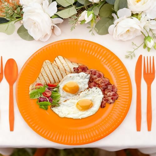 210pcs Orange plates and napkins party supplies - Plastic Silverware Cutlery, Paper Cups and Plates, Napkins Suitable for parties and birthdays Serves 30 (Orange) - Image 5