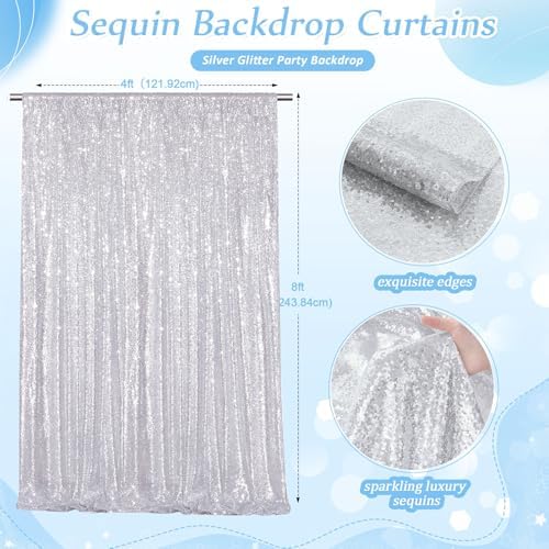 Silver Sequin Backdrop Curtains-2 Panels 4FTx8FT Silver Backdrop for Valentines Day, Glitter Party Decorations Background Drapes for Wedding Birthday Anniversary Graduation Photo Booth Decor - Image 3
