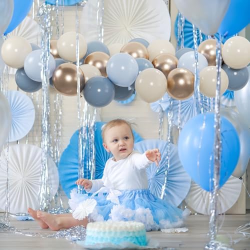 100pcs Dusty Blue Balloon Set | 12-Inch Baby Slate Blue, Sand White & Champagne Gold Confetti Balloons | Elegant Decor for Baby Shower, Wedding, Graduation & Boys' Birthday (2 Ribbons) - Image 6