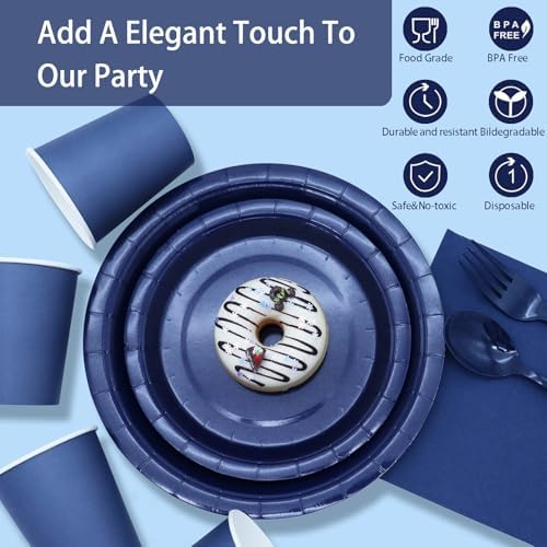 168Pcs Navy Blue Party Supplies for Navy Blue Party Decorations includes Paper Plates and Napkins Cups Utensils,Blue Disposable Plates Set for Boy Baptism Birthday Graduation Serve 24 Guests - Image 3