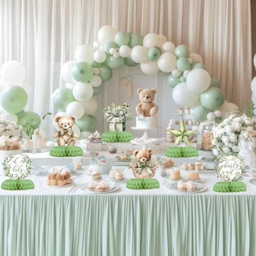 12 Pcs Sage Green Teddy Bear Baby Shower Decorations - We Can Bearly Wait Baby Shower Decorations - Neutral Bear Balloon Centerpieces for Tables - Sage Green Honeycomb Table Decor for Baby Shower - Image 5