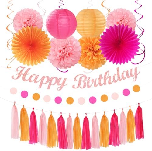 Hot-Pink Orange 21st Happy-Birthday Party-Decorations - 31pcs Sweet 16 18th Women Girls Paper Lanterns Streamers Banner,Tissue Pom Poms Fans Tassels Graland Decor,Fall Boho Backdrop Supplies Hugmoon by PartyDecorations