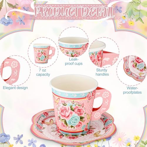 Nuogo 244pcs/40set Disposable Tea Party Supplies Vintage Floral Paper Tea Plates Cups Napkin 3 Tier Cake Stand Bunting Banner and Disposable Tableware for Birthday Baby Shower Bridal Wedding, Serve 40 - Image 4