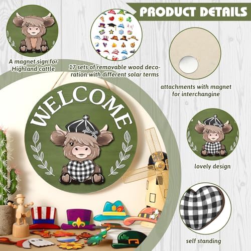 Vicenpal 35 Pcs Fall Interchangeable Highland Cow Welcome Sign, Grass Green - Image 4