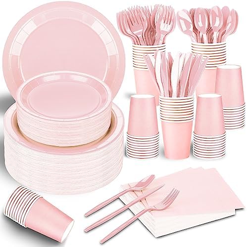 228PCS Pink Party Supplies Set for 30 Guests Paper Plates Set by TWOWYHI