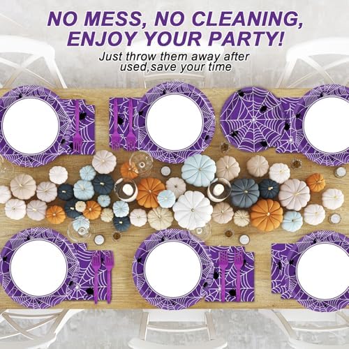 Qyeahkj 100 Pcs Halloween Birthday Party Supplies Paper Plates and Napkins Set Disposable Spider Web Tableware Decorations for Halloween Theme Baby Shower Serves 25 - Image 5