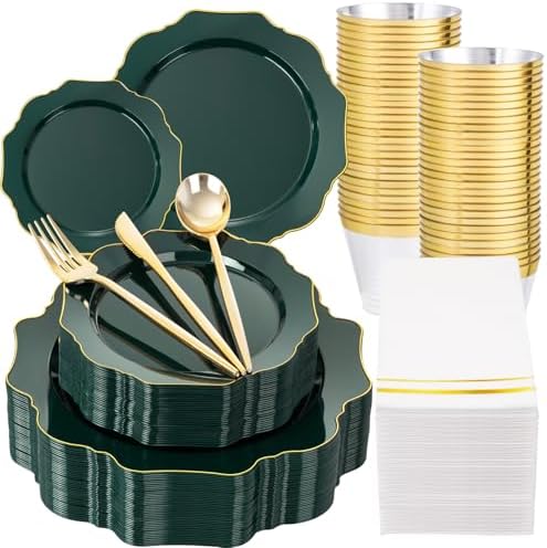 WDF 175Pcs Green Plastic Plates - Green Plates Disposable with Gold Rim - Christmas Plastic Plate - Fancy Disposable Dinnerware Sets 25 Guests Ideal for Holidays/Christmas/Party/Wedding/Birthday by WDF