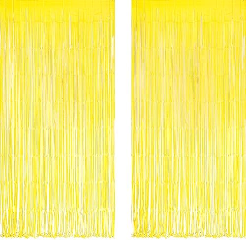 Yellow Streamers Party Backdrop - GREATRIL Foil Fringe for Pineapple/Lemon/Truck/Race Birthdays Party Decoration - 3.2ft X 8.2ft - 2 Packs by GREATRIL