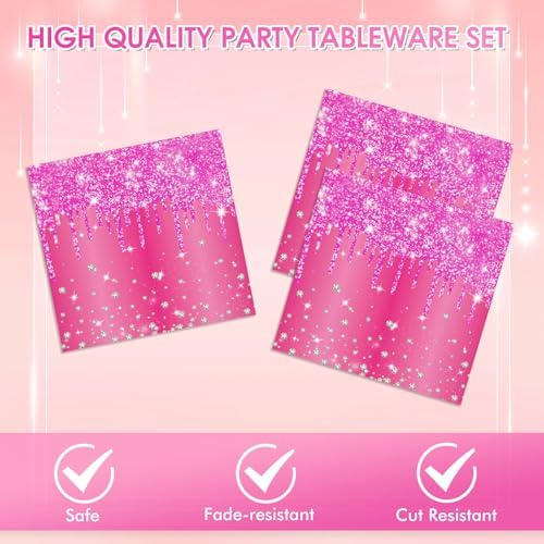 40 PCS Hot Pink Happy Birthday Decorations - Rose Pink Party Supplies with Paper Plates and Napkins for Girls, Women, Weddings & Birthday Parties - Image 3