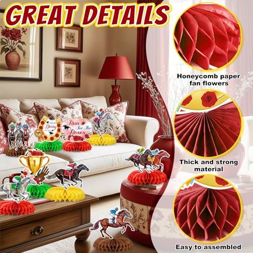 9Pcs Derby Day Party Decorations Horsing Racing Honeycomb Centerpieces for Tables Horse Racing Table Decorations for Derby Day Home Birthday Party Supplies Table Decor - Image 4