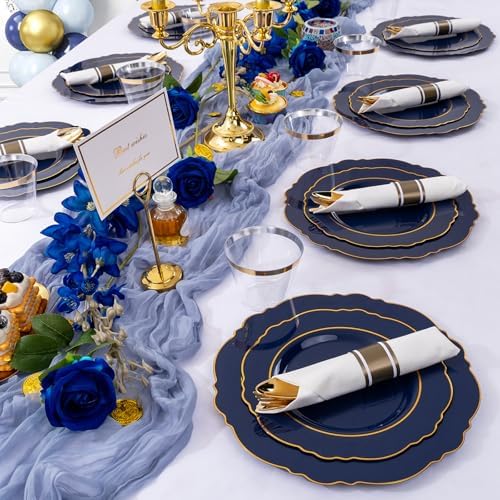 Liacere 350PCS Navy Blue Plastic Patriotic Plates-Disposable Blue Gold Plates 50guest Plastic Dinnerware include 100Plates,50Pack Pre Rolled Napkins with Silverware 50Cups for Party/Wedding/Halloween - Image 2