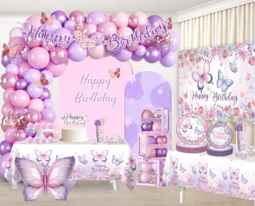 256pcs Butterfly Birthday Decorations Complete Party Set, Butterfly Theme Birthday Decorations, Serves 20pcs Plates, includes Banner Backdrop Balloon Arch Tableware Tablecloth - Image 3