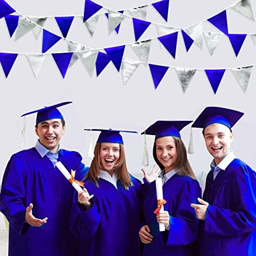 Royal Blue Silver Party Decorations Navy Blue Triangle Pennant Banner Flag Metallic Fabric Bunting Garland for Birthday Graduation Wedding Retirement Nautical Ahoy Achor Pirate Theme Party Supplies - Image 3