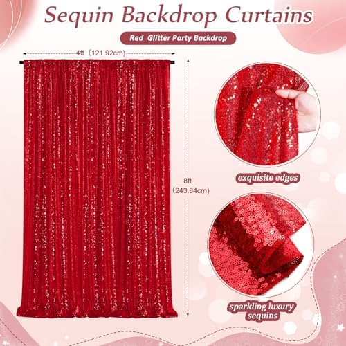 Red Sequin Backdrop Curtains-2 Panels 4FTx8FT Red Backdrop for Valentines Day, Glitter Party Decorations Background Drapes for Wedding Birthday Anniversary Graduation Photo Booth Decor - Image 3