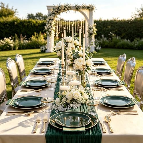 NOCCUR 350PCS Green Plastic Plates - Disposable Green Gold Dinnerware Set for 50 Guests, 100 Dinner/Dessert Plates, 150 Gold Silverware, 50 Cups&50 Napkins for Party ＆ Wedding ＆ World Cup 2026 - Image 4