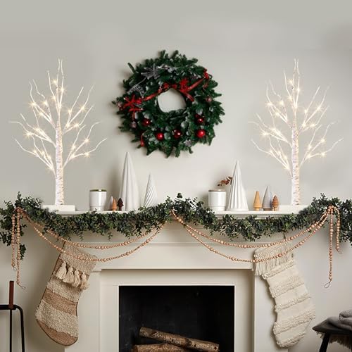 Vanthylit White Birch Tree with LED Lights - Set of 2, Tabletop Tree with Timer, Christmas Decorations Lighted Tree for Indoor Mantel Home Decor (2 FT, 24 LED) - Image 6