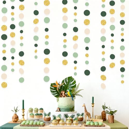 Sage Green Gold Beige Party Polka Dot Garlands Oilve Green Glitter Gold Hanging Paper Circle Dots Streamer for Birthday Wedding Shower Engagement Retirement Boho Safari Party Decorations Supplies - Image 5