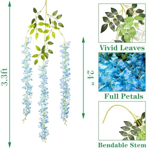 AITISOR 24 Pack Artificial Fake Wisteria Vine Ratta (3.75 Feet) Hanging Garland Silk Flowers String Home Party Wedding Decor (Sky Blue) - Image 2