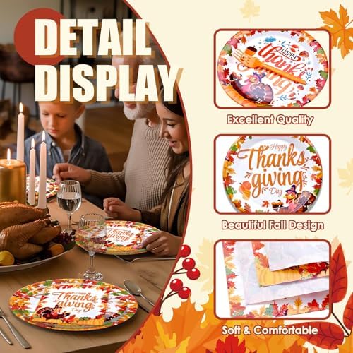 96 Pieces Happy Thanksgiving Tableware Set Party Supplies - Fall Harvest Pattern Disposable Dinnerware with Paper Plates, Napkins, Forks for Autumn and Thanksgiving Dinner BBQ Picnic Favors - Image 3