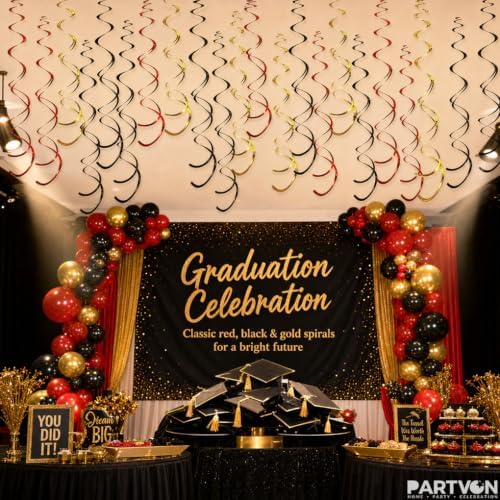 32 PCS Red Black Gold Hanging Swirl Decorations, Sparkle Ceiling Swirls with Plastic Streamers for Casino Night, Graduation, Birthday, Wedding, Hollywood Theme, Baby Shower - Image 3