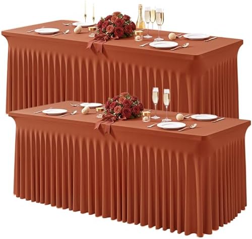 Wish Care 2 Pack Rust Spandex Table Clothes for 8 Foot Rectangle Tables, 8FT Wrinkle Free Fitted Tablecloths Ruffles Design Table Cloth for Party, Banquet, Wedding and Events by WishCare