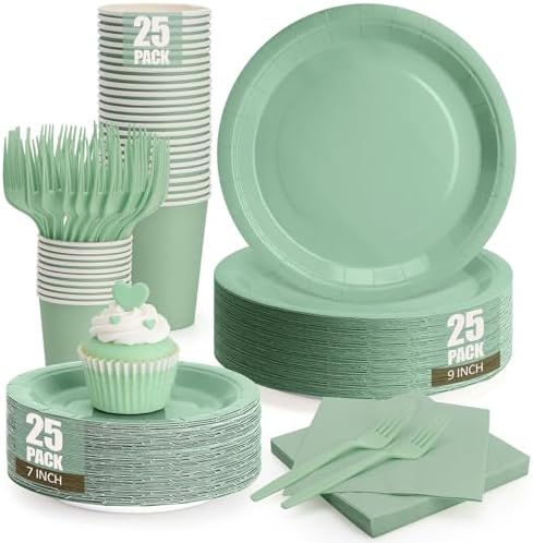 Sage Green Plates and Napkins Party Supplies, Include 9’’ Disposable Paper Plates, 7’’ Dessert Plate and Cups Napkins Forks Party Decorations for Baby Shower, Birthday, Wedding, Serves for 25 by CENLBJ