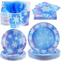 durony 144 Pieces Frozen Paper Plates and Napkins Dinnerware Set Winter Snowflake Party Tableware Supplies Includes Paper Plates Napkins Forks Serve 24 for Christmas Party Supplies by durony