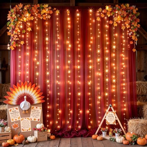 Shillance 10ft x 10ft Burgundy Backdrop Curtain with Lights String for Parties, Sheer Tulle Wedding Photo Backdrops Drapes for Baby Shower Birthday Party Decorations Background for Photography - Image 6
