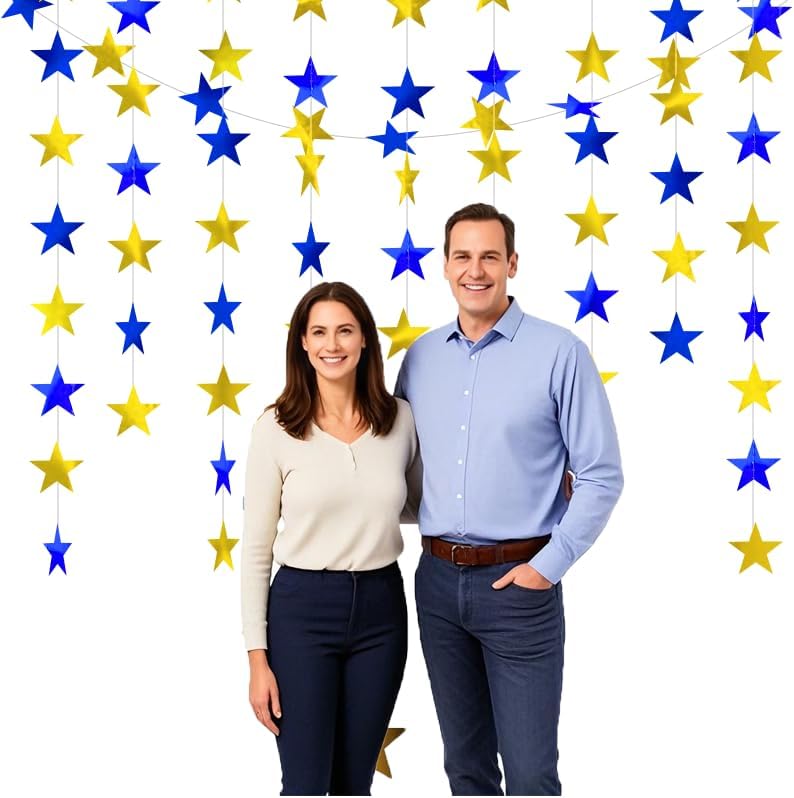 Blue Gold Shining Star Hanging Garland Blue Gold Hanging Sparkling Star Streamer Glitter Bunting Banner Twinkle Backdrop for Wedding Baby Shower Birthday Christmas Decorations 40 Feet - Image 5