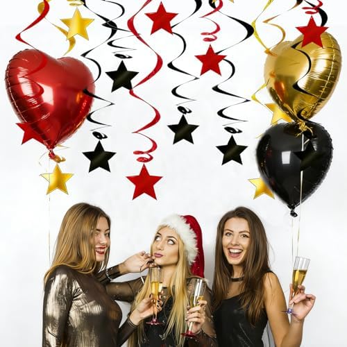 Red Black Gold Star Hanging Swirl Decorations - 30 Pcs Metallic Ceiling Swirls with Foil Stars, Plastic Streamers for Graduation, Casino Las Vegas Night, Movie Theme, Mouse Birthday Party Supplies - Image 4