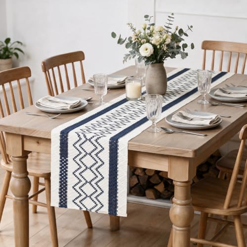 Artoid Mode Dark Blue Stripe Diamond Woven Table Runner 12x120 Inch - Image 5
