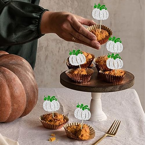 24Pcs Pumpkin Cupcake Toppers Baby Shower Decorations Pumpkin Birthday Decorations Cupcake Picks Pumpkin Gender Reveal Cupcake Toppers Party Supplies Silver - Image 6
