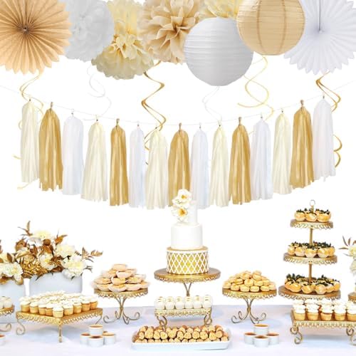 Champagne Gold White Bridal-Shower Party-Decorations - 31pcs Bride to Be Banner,Boho Neutral Bachelorette Paper Lanterns,Wedding Streamers Garland,Tissue Pom Poms Flower Fan Decor Supplies Burgleda - Image 5