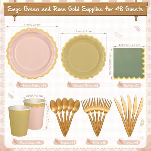 Mimorou 338 Pcs Sage Green and Pink Plates Napkins Cups Flatware Set - Image 3