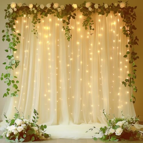 Ivory Tulle Backdrop with Fairy Lights for Parites Wrinkle-Free Sheer Curtain Drapes Photo Back Drop for Wedding Baby Shower Bridal Shower Birthday Dance Home Décor- 10ft×8ft, Ivory by HOLITS