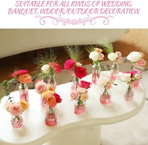 Pink Vase, Glass Bud Vases Set of 12, Small Pink Glass Vases for Flowers Colored Ribbed Flower Vase for Decor Bud Vase in Bulk Vintage Decor Bridal Shower Wedding Centerpieces Home Table Decoration - Image 7