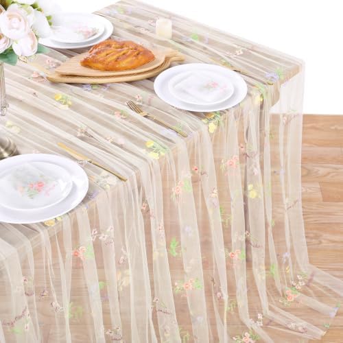 Beige White Floral Gauze Table Runner 10ft Embroidery Tulle Spring Decor by LuoluoHouse
