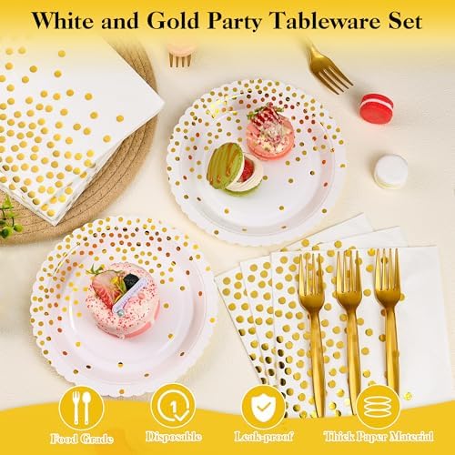 90 Pcs White and Gold Plates and Napkins Party Supplies, Scalloped Gold Polka Dots Tableware Set Include White Gold Dot Cake Dessert Plates, Napkin, Fork for Wedding, Retirement, Birthday, New Year - Image 3