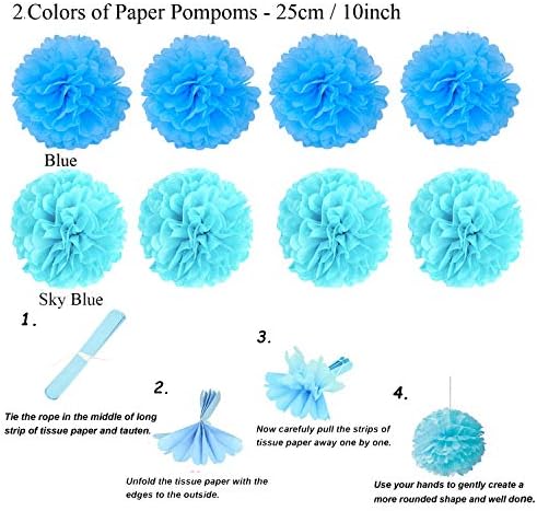 ZERODECO Party Decoration, 21 Pcs Blue Hanging Paper Fans, Pom Poms Flowers, Garlands String Polka Dot and Triangle Bunting Flags for Boy Birthday Parties, Bridal Showers, Baby Showers, Wedding - Image 4