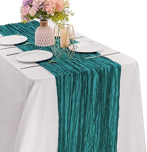 Teal 10FT Cheesecloth Table Runner Boho Gauze Fabric Table Runner Rustic Sheer Runner for Wedding Bridal Baby Shower Birthday Party Boho Table Decor（1 Pack Teal） by JALANCY