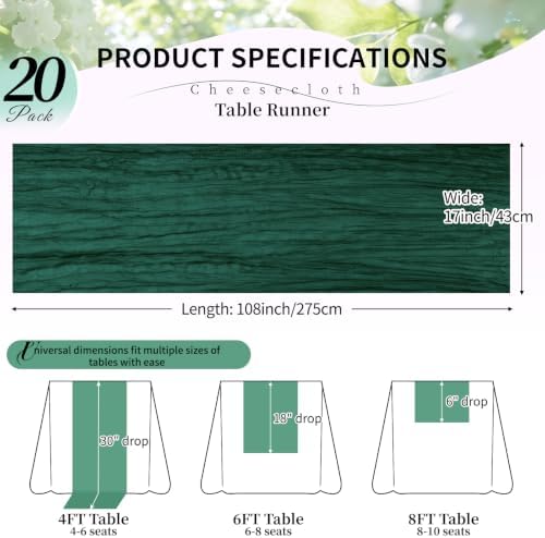 20 Pack Dark Green Cheesecloth Table Runner, 17x108 Inch Semi Sheer Boho Gauze Cheese Cloth Fabric Table Runners for Wedding Party Baby Shower Birthday Garden Farmhouse Table Decor - Image 2