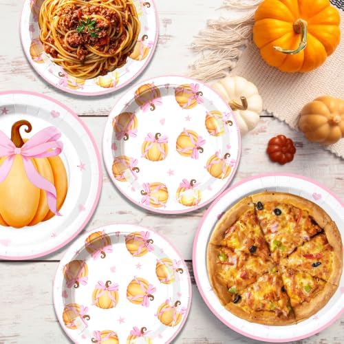 60 Pcs Pink Bow Pumpkin Paper Plates and Napkins Sets,Serves 20 - Image 3