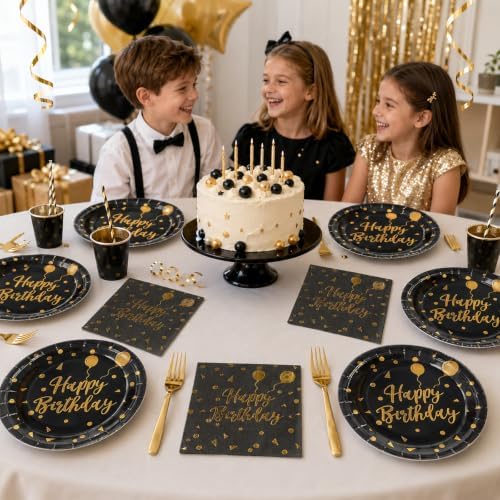 48PCS Happy Birthday Plates and Napkins Party Supplies, Black and Gold Disposable Paper Plates and Napkins with Forks Tableware Set for Birthday Party Decorations 16 Guests (Birthday Black) - Image 5
