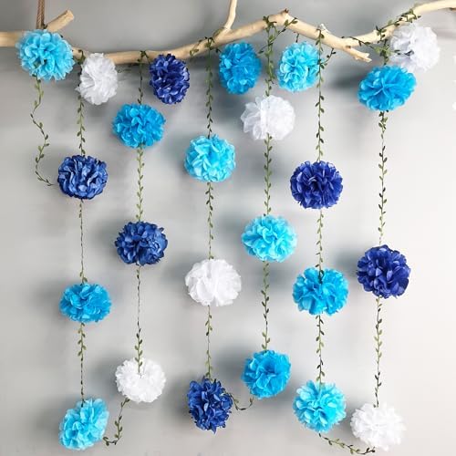 Blue White Party Decorations Ombre Blue Tissue Paper Flowers Pom Pom with Leaf Ribbon Hanging Garland Streamer for Birthday Wedding Shower Under The Sea Nautical Ahoy Achor Party Supplies - Image 5