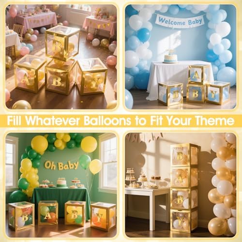 Ledido Baby Boxes with Letters for Baby Shower Decorations, 4 pcs Clear Balloon Boxes with Letters for Boys Girls Gender Reveal Decorations Birthday Wedding Backdrop Party (Gold) - Image 3