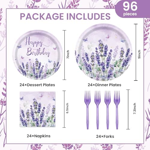 96Pcs Lavender Party Supplies Lavender Paper Plates Napkins Watercolor Blooming Floral Cake Dessert Butterfly Birthday Floral Tableware for Birthday Wedding Picnic Baby Shower Decorations | 24 Guests - Image 2